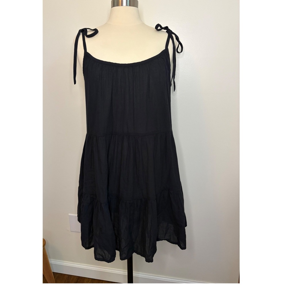 Black Cotton Tiered Lightweight Dress Tie Strap Sleeveless Flowy Whimsy M 10-12